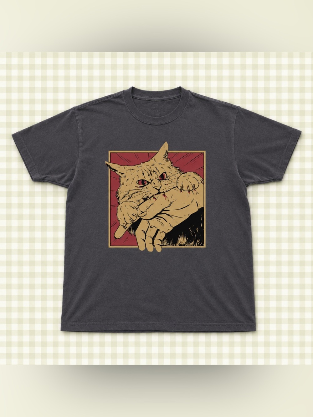 Charcoal Cat Bite Graphic Tee - Retro 90s For Unisex